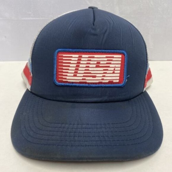 USA Patch Snapback Trucker Hat Adjustable Blue & Red Stripe On‎ Back of Hat VTG - Picture 1 of 8